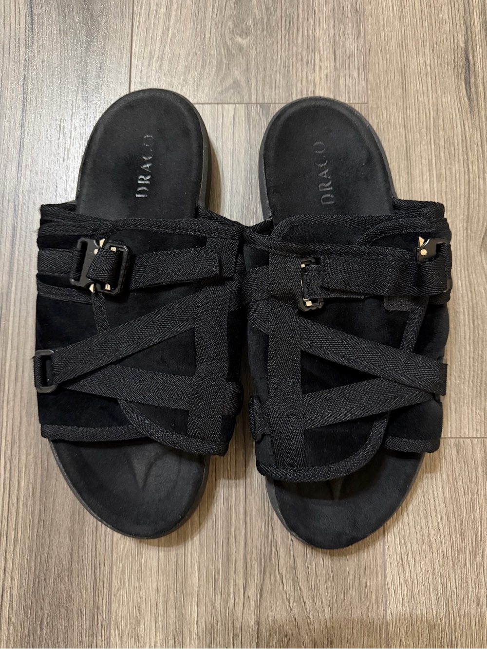 DRACO Black Strappy Buckle Slide Sandals